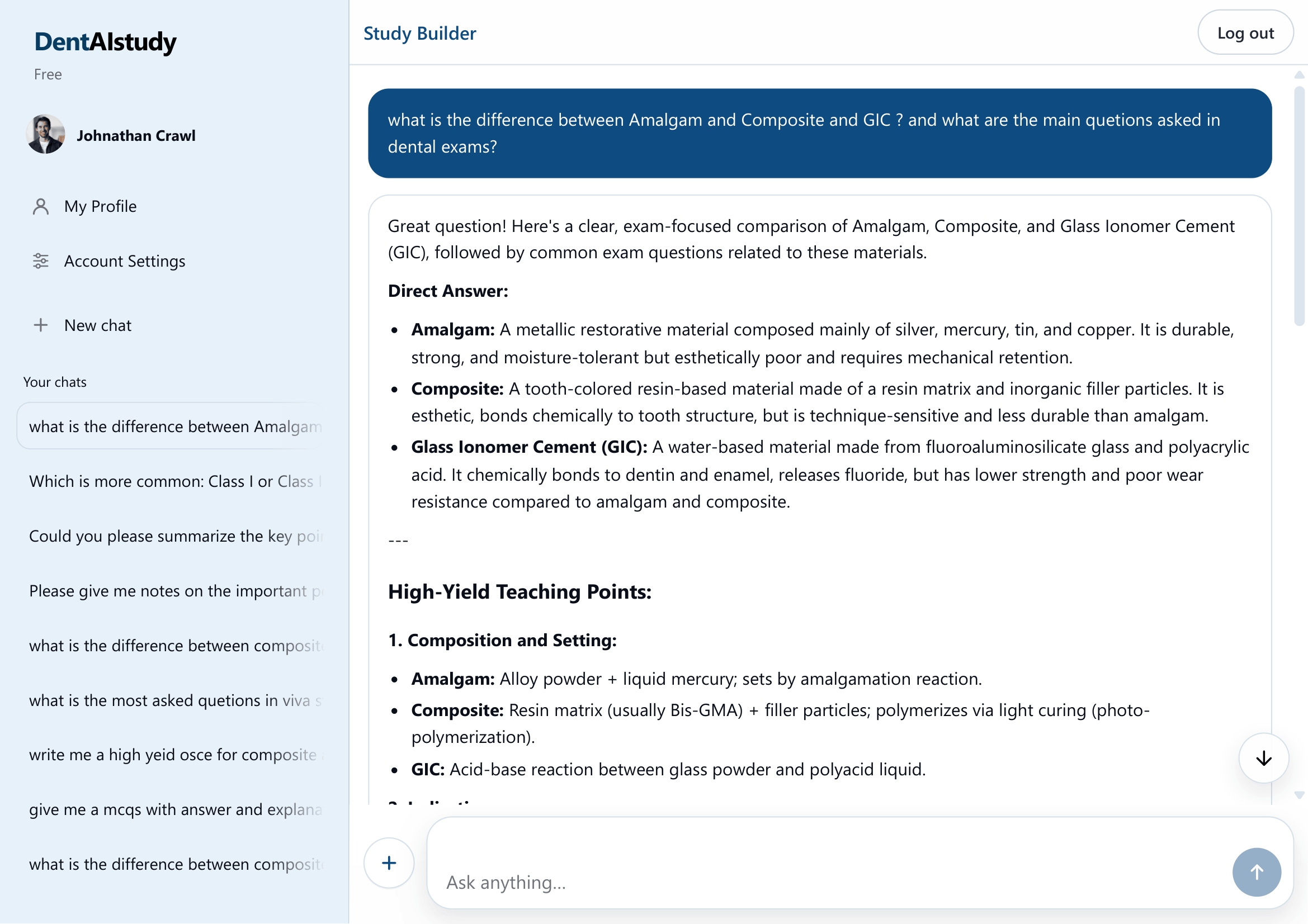 DentAIstudy Study Builder interface