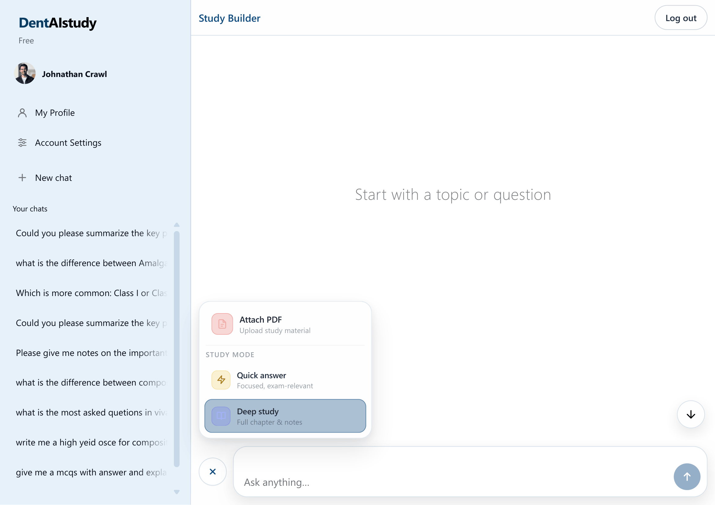 Choose quick answer or deep study in Study Builder