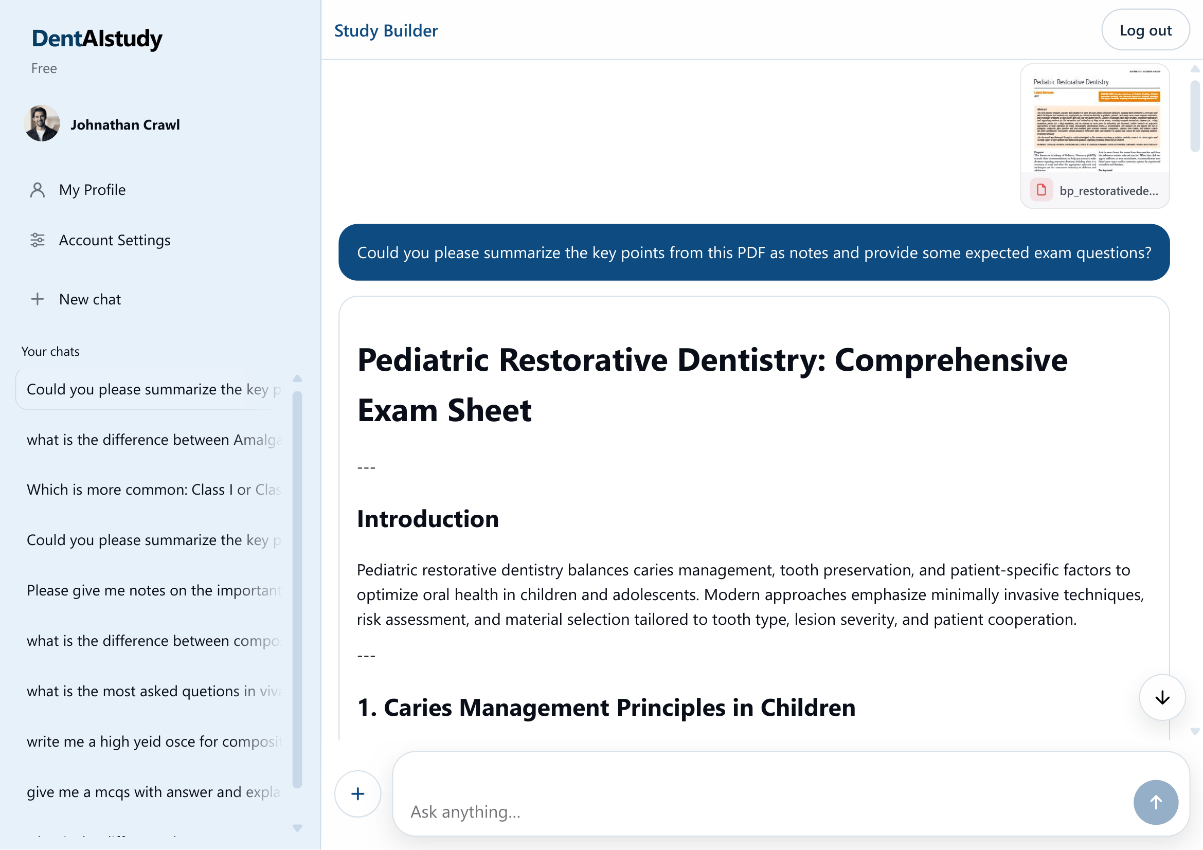 Generated dental answer or notes in Study Builder